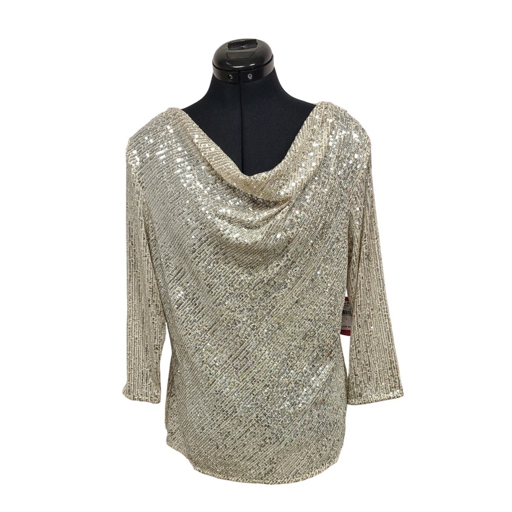 Vince Camuto Sequin Cowl‎ Neck 3/4 Sleeve Top Silver Sparkle Glam L/XL/S